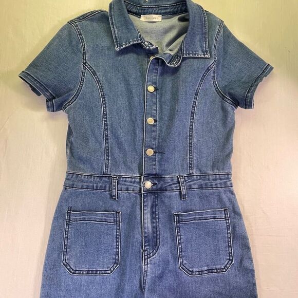 Wisteria Lane Blue Denim Button Front Short Sleeve Flare Leg Jumpsuit Large - Picture 3 of 14